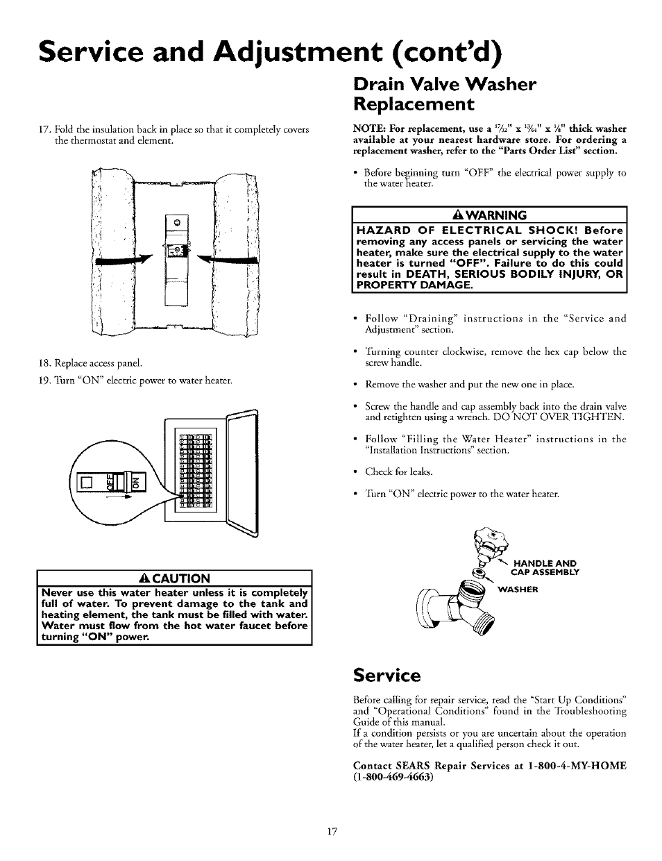 A caution, Drain valve washer replacement, A warning | Service, Drain valve washer replacement service, Service and adjustment (cont’d) | Kenmore 153.31702 User Manual | Page 17 / 24