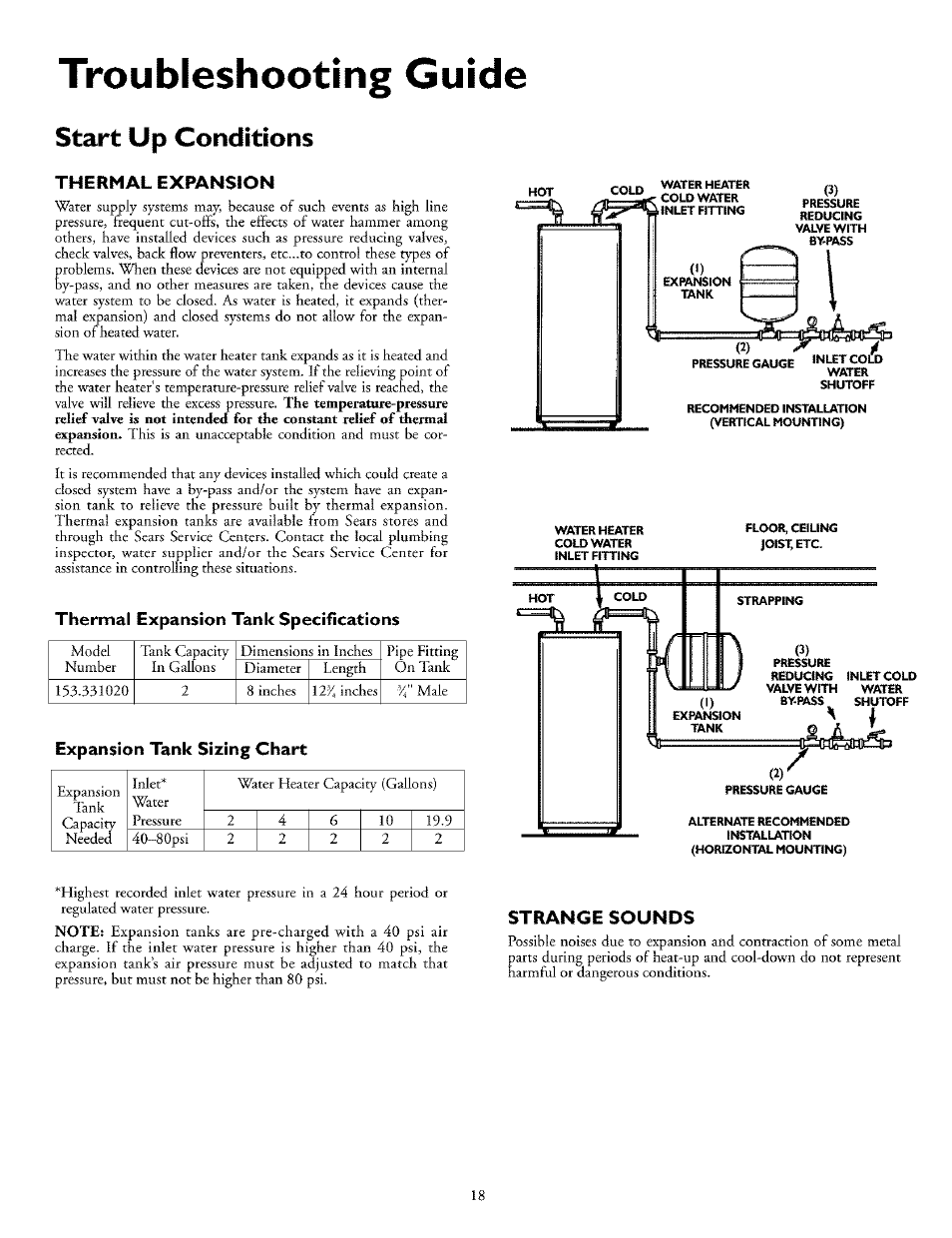 Troubleshooting guide, Start up conditions, Thermal expansion | Thermal expansion tank specifications, Expansion tank sizing chart, Strange sounds, Thermal expansion strange sounds | Kenmore 153.31702 User Manual | Page 18 / 24