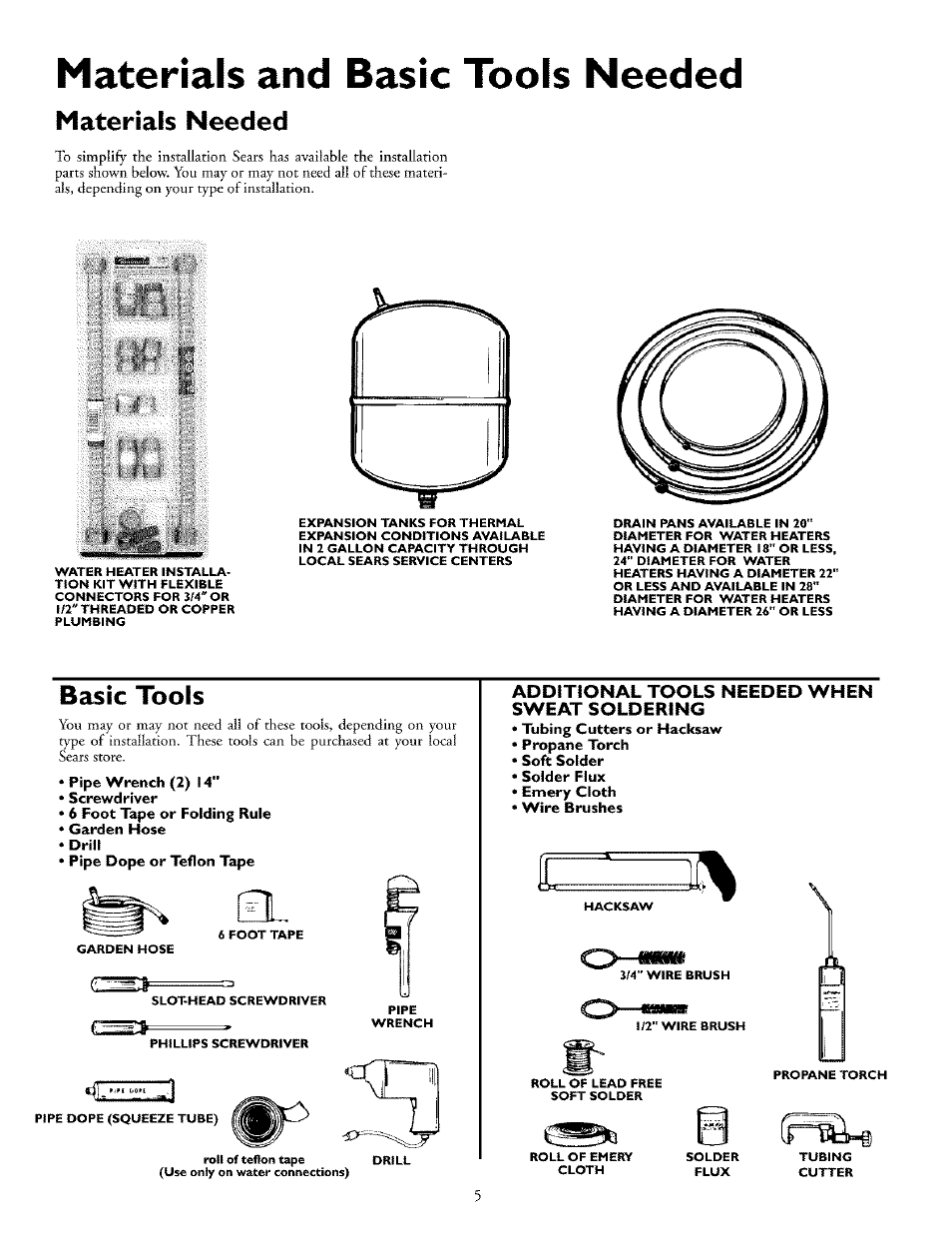 Basic tools, Additional tools needed when sweat soldering, Materials and basic tools needed | Materials needed | Kenmore 153.31702 User Manual | Page 5 / 24