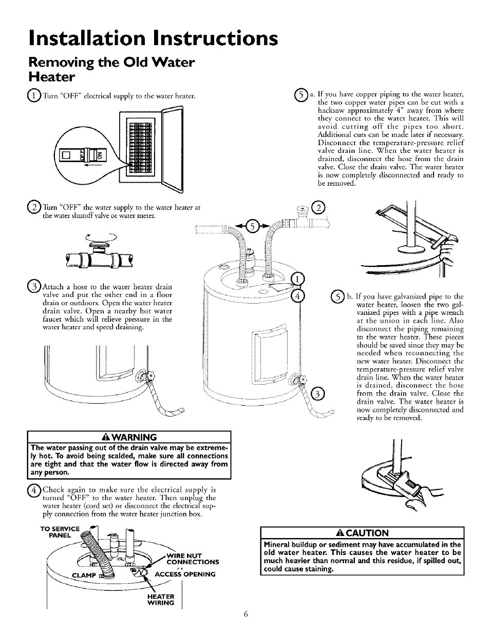 A warning, A caution, Installation instructions | Removing the old water heater | Kenmore 153.31702 User Manual | Page 6 / 24