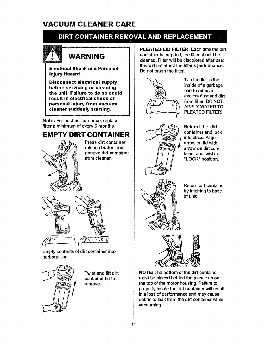 Vacuum cleaner care, Warning, Empty | Container, Dirt | Kenmore 216.3701 User Manual | Page 11 / 17