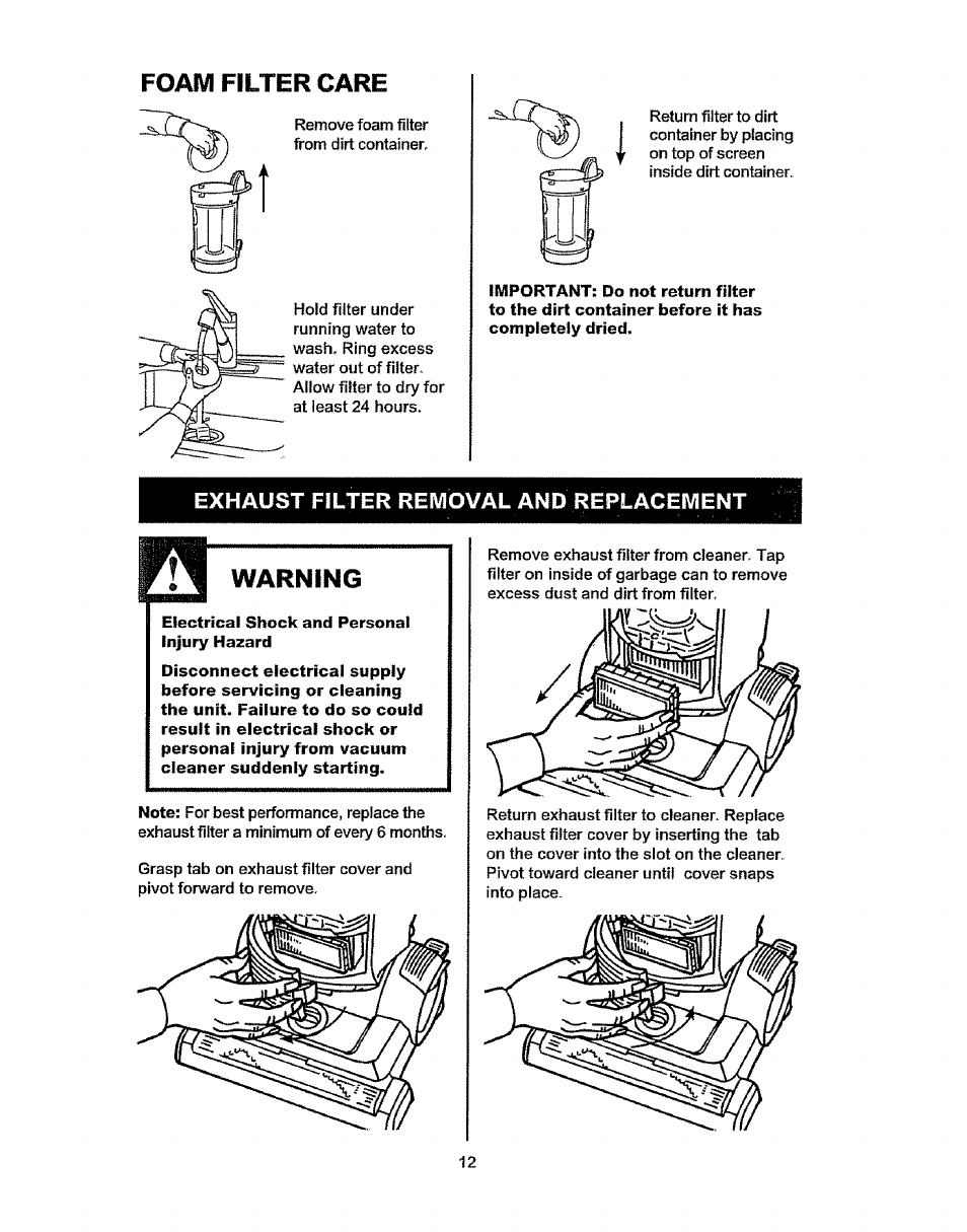 Foam filter care, Warning, Exhaust filter removal and replacement | Kenmore 216.3701 User Manual | Page 12 / 17