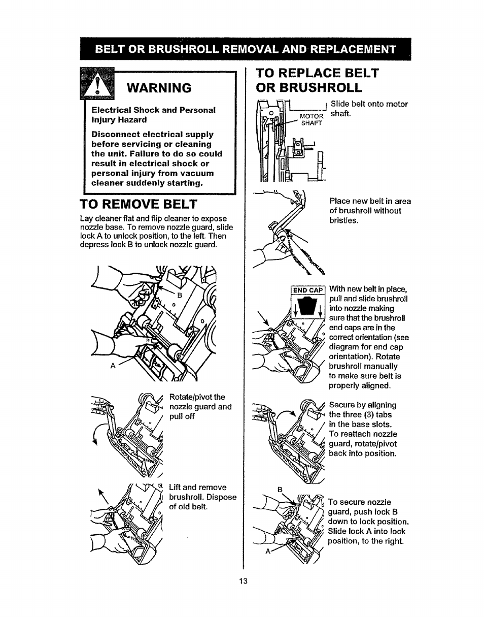 Warning, Belt or brushroll removal and replacement | Kenmore 216.3701 User Manual | Page 13 / 17