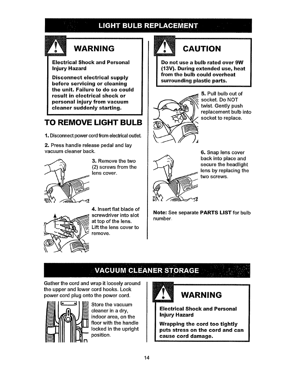 Warning, Caution, Vacuum cleaner storage | Kenmore 216.3701 User Manual | Page 14 / 17