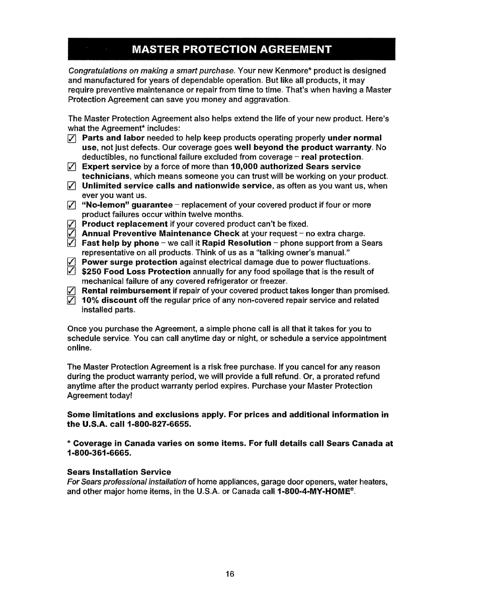 Master protection agreement | Kenmore 216.3701 User Manual | Page 16 / 17