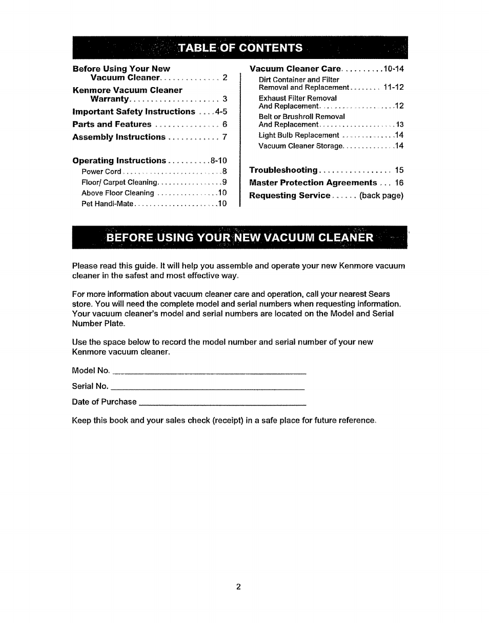 Before using your new vacuum cleaner | Kenmore 216.3701 User Manual | Page 2 / 17