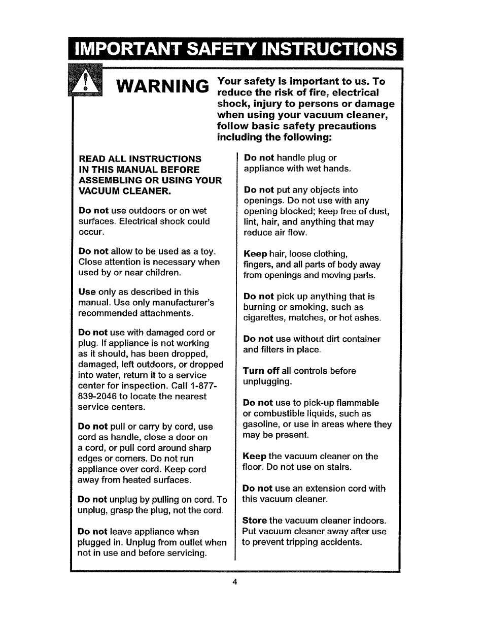 Important safety instructions, Warning | Kenmore 216.3701 User Manual | Page 4 / 17