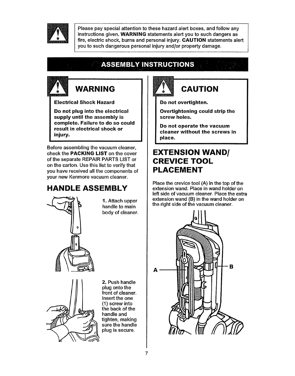 Warning, Handle assembly, Caution | Extension wand/ crevice tool placement | Kenmore 216.3701 User Manual | Page 7 / 17