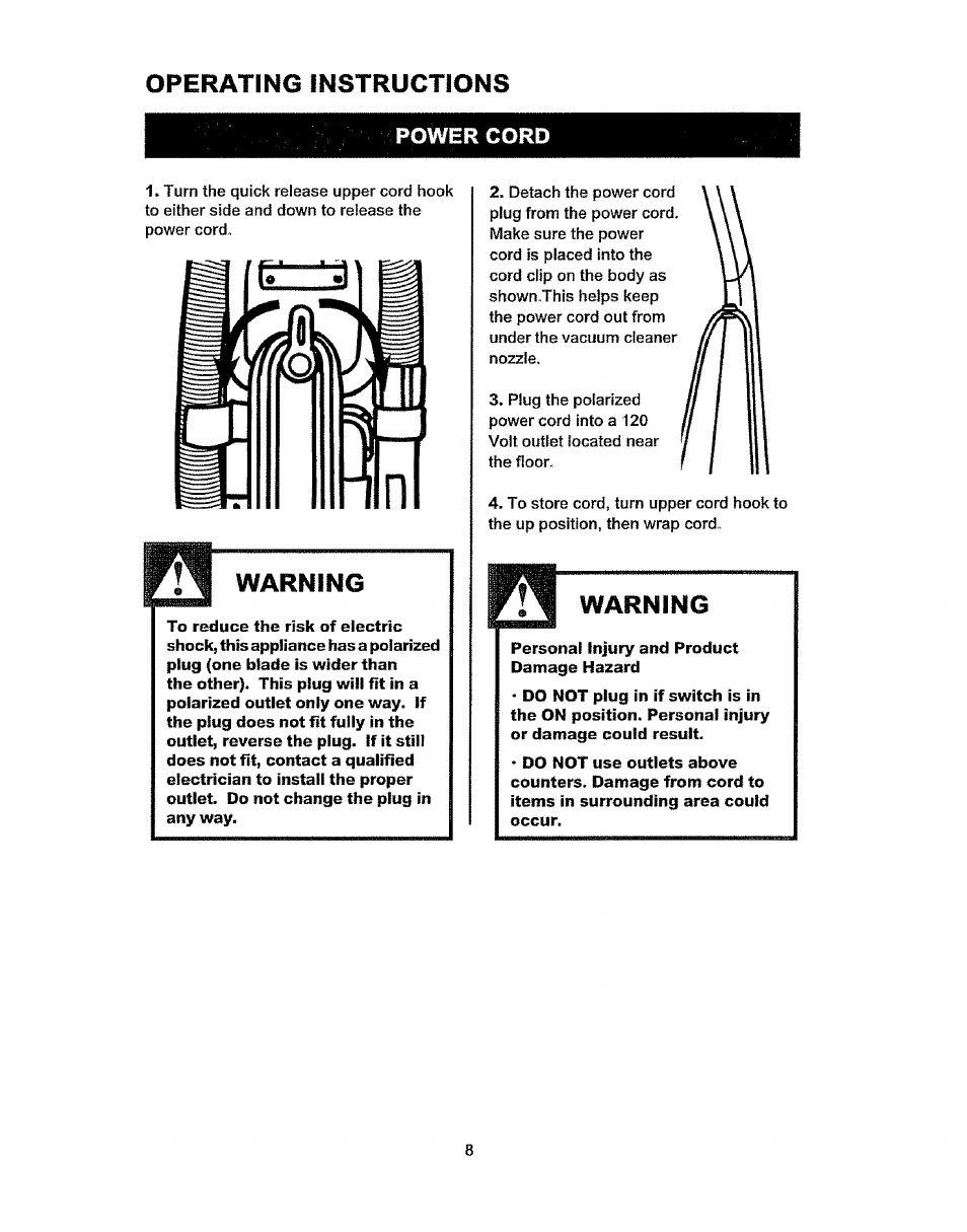 Operating instructions, Warning | Kenmore 216.3701 User Manual | Page 8 / 17