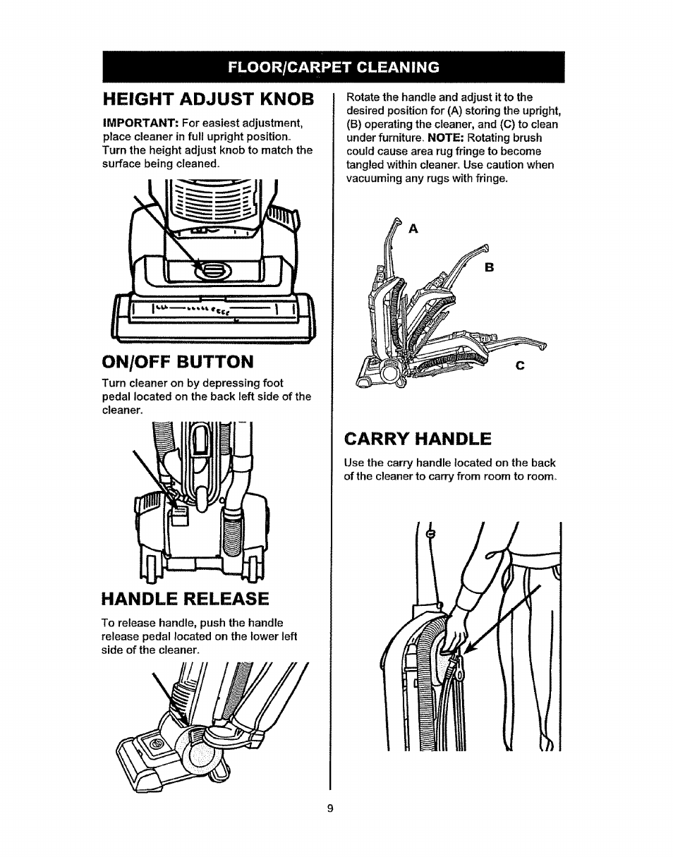 Height adjust knob, On/off button, Handle release | Carry handle | Kenmore 216.3701 User Manual | Page 9 / 17