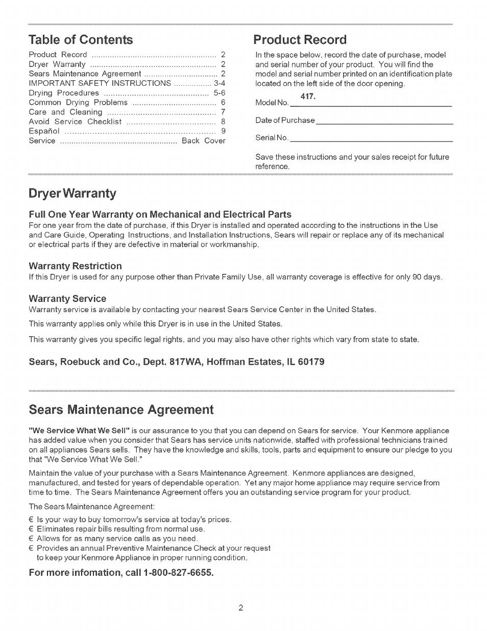 Kenmore Clothes Dryer User Manual | Page 2 / 9