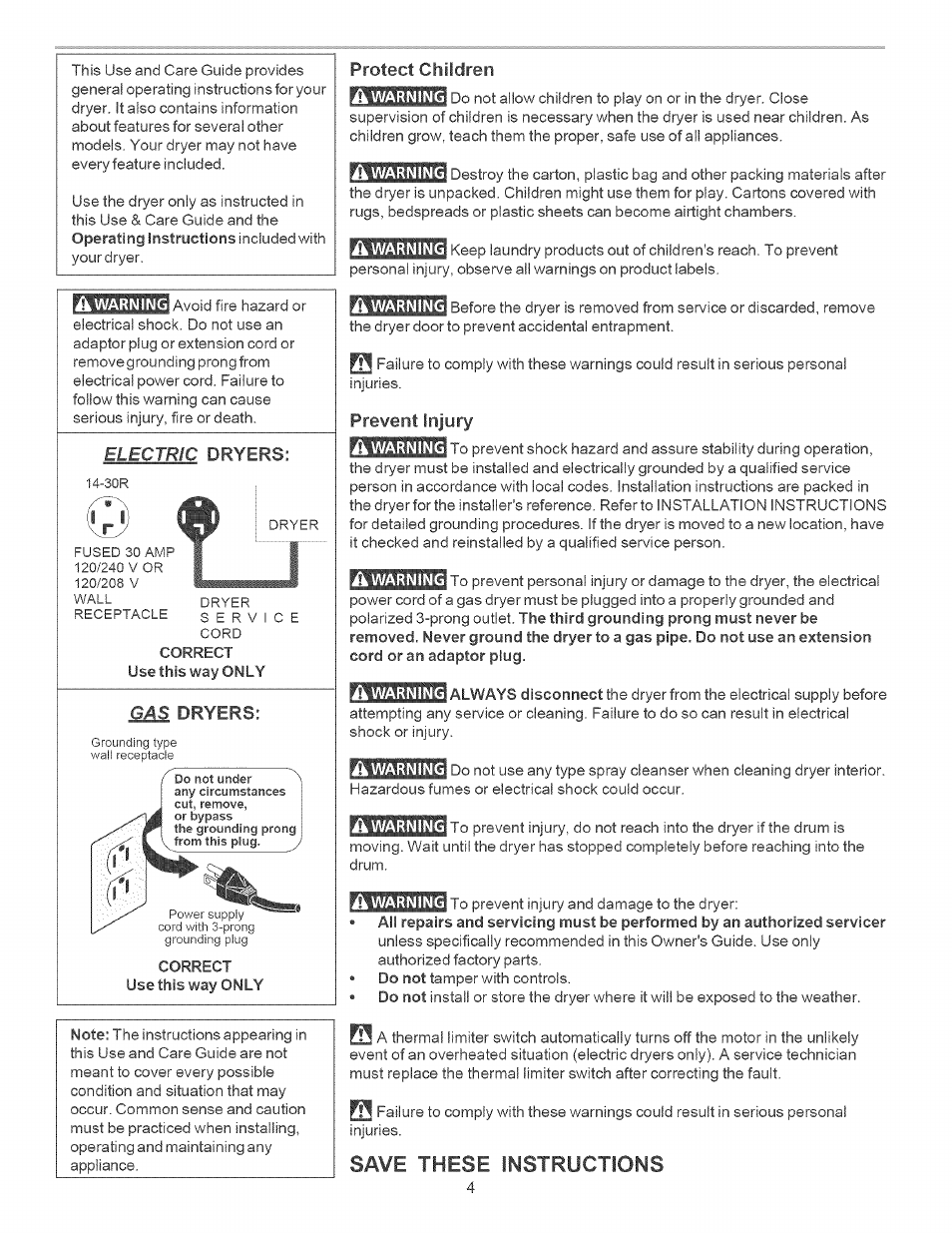 Save these instructions | Kenmore Clothes Dryer User Manual | Page 4 / 9