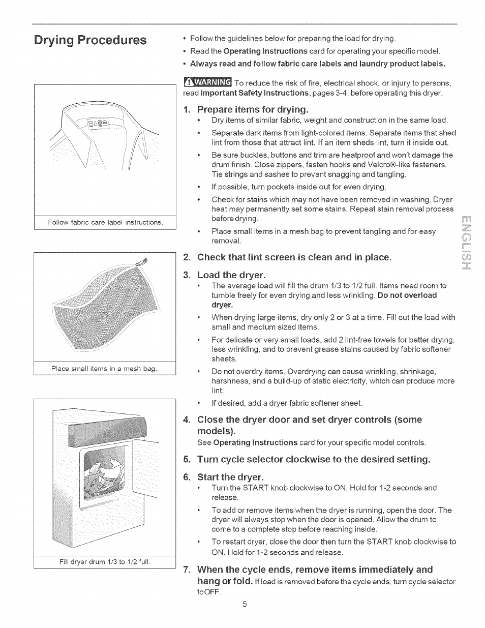 Drying procedures | Kenmore Clothes Dryer User Manual | Page 5 / 9