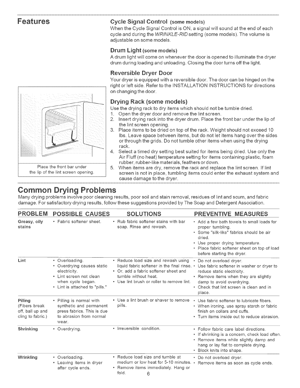 Features, Common drying problems, Cycle signal control | Drum light, Reversible dryer door, Drying rack (some models) | Kenmore Clothes Dryer User Manual | Page 6 / 9