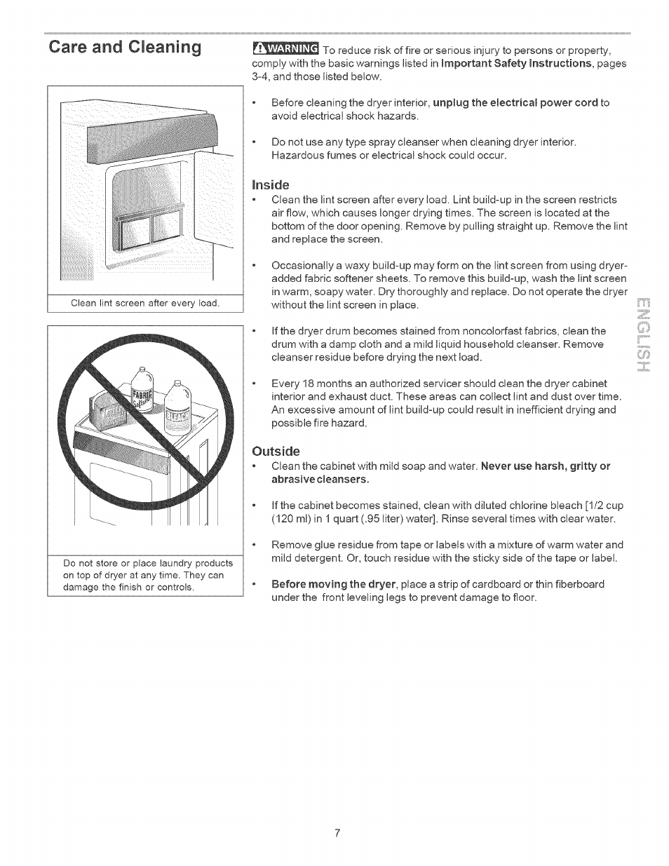 Care and cleaning | Kenmore Clothes Dryer User Manual | Page 7 / 9