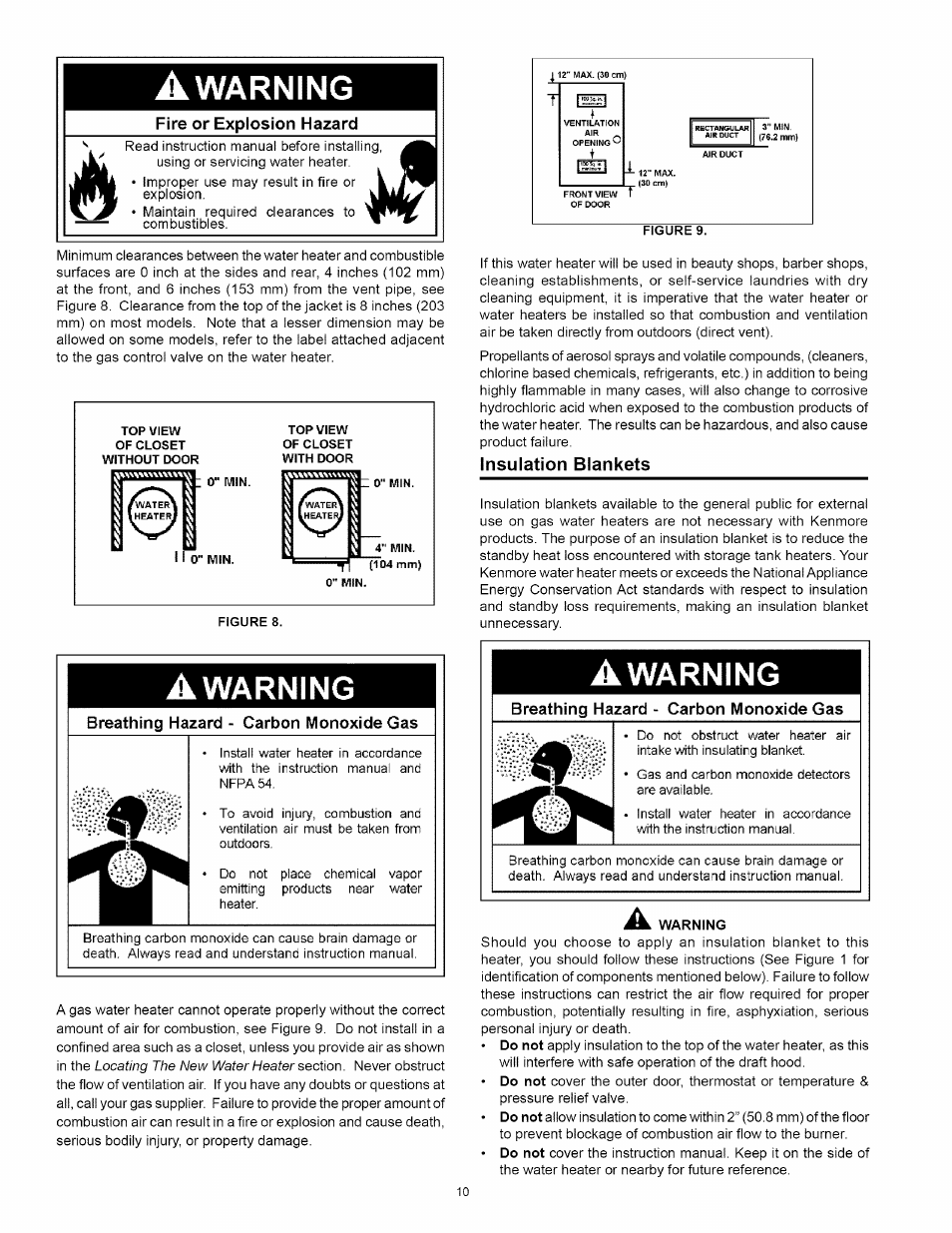 Fire or explosion hazard, Breathing hazard - carbon monoxide gas, Insulation blankets | Warning | Kenmore POWER MISER 153.330652 User Manual | Page 10 / 32