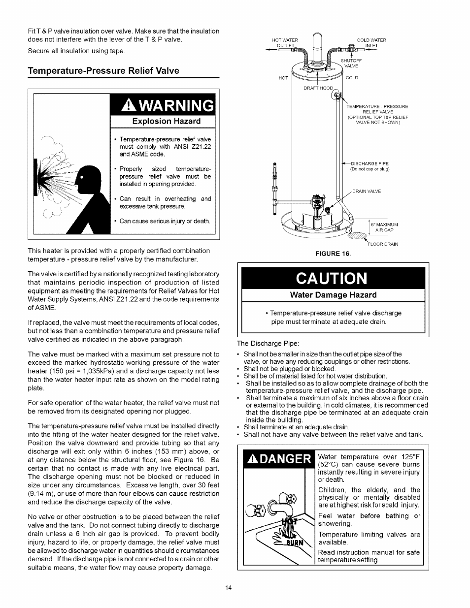 Temperature-pressure relief valve, Temperature pressure relief valve -14, Caution | Warning, Adanger | Kenmore POWER MISER 153.330652 User Manual | Page 14 / 32