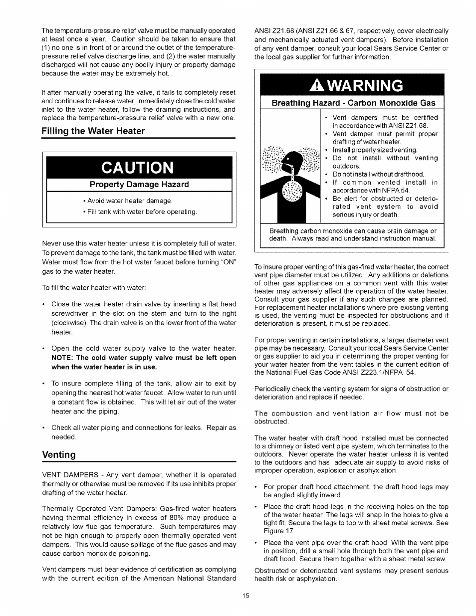 Filling the water heater, Caution, Property damage hazard | Venting, Breathing hazard - carbon monoxide gas, Venting -16, Warning | Kenmore POWER MISER 153.330652 User Manual | Page 15 / 32