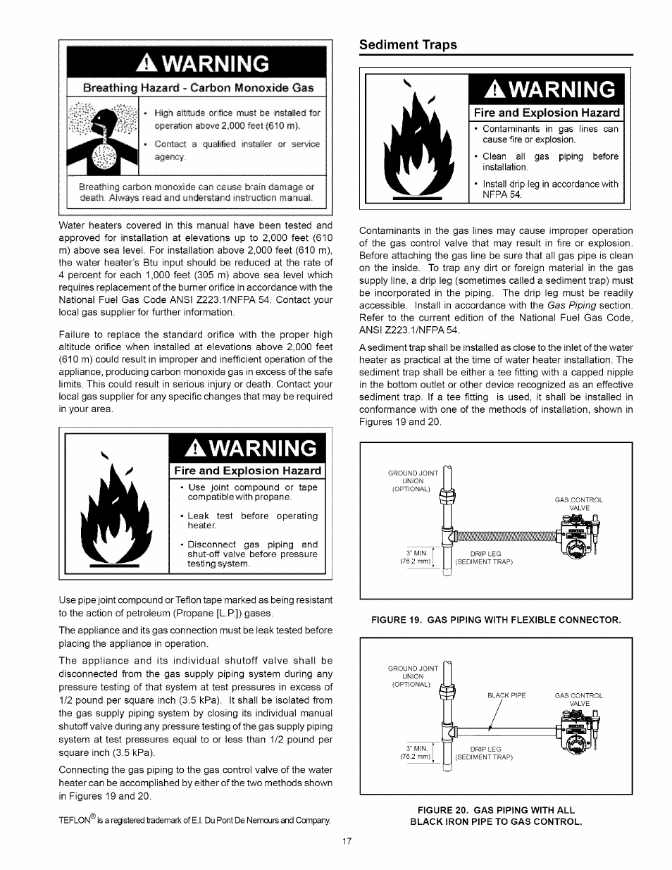 A warning, Sediment traps, Awarning | Fire and explosion hazard, Sediment trap, Breathing hazard - carbon monoxide gas | Kenmore POWER MISER 153.330652 User Manual | Page 17 / 32