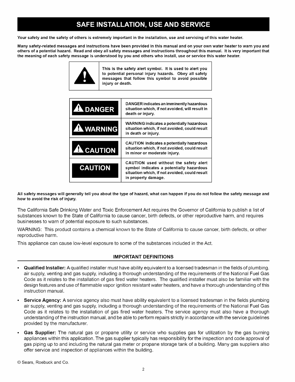 Safe installation, use and service, Danger, A warning | Caution, Important definitions | Kenmore POWER MISER 153.330652 User Manual | Page 2 / 32