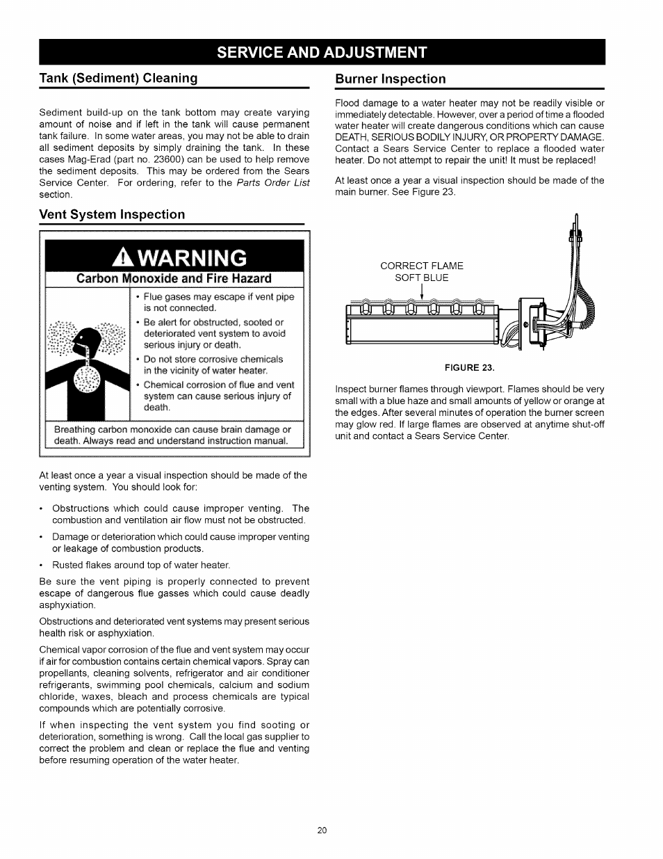 Service and adjustment, Tank (sediment) cleaning, Vent system inspection | Service and adjustment -22, Warning | Kenmore POWER MISER 153.330652 User Manual | Page 20 / 32