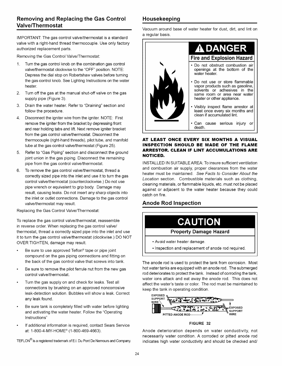 Housekeeping, Anode rod inspection, Adanger | Caution, Jjp==33s3si5i | Kenmore POWER MISER 153.330652 User Manual | Page 24 / 32