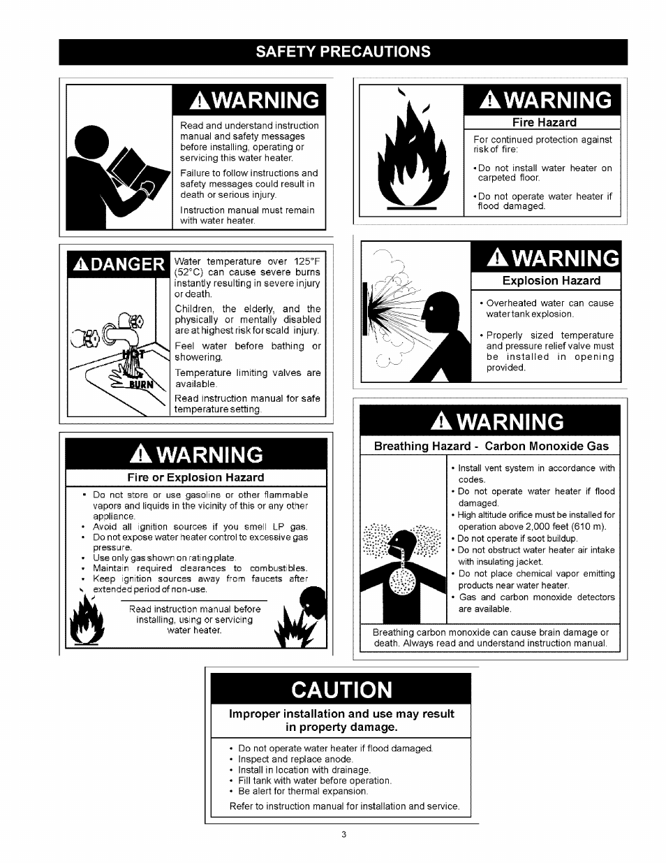 Awarning, A warning, Fire or explosion hazard | Fire hazard, Explosion hazard, Warning, Breathing hazard - carbon monoxide gas, Caution, Adanger, Safety precautions | Kenmore POWER MISER 153.330652 User Manual | Page 3 / 32