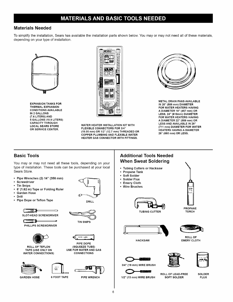 Materials and basic tools needed, Materials needed, Basic tools | Additional tools needed when sweat soldering, Materials needed basic tools | Kenmore POWER MISER 153.330652 User Manual | Page 6 / 32