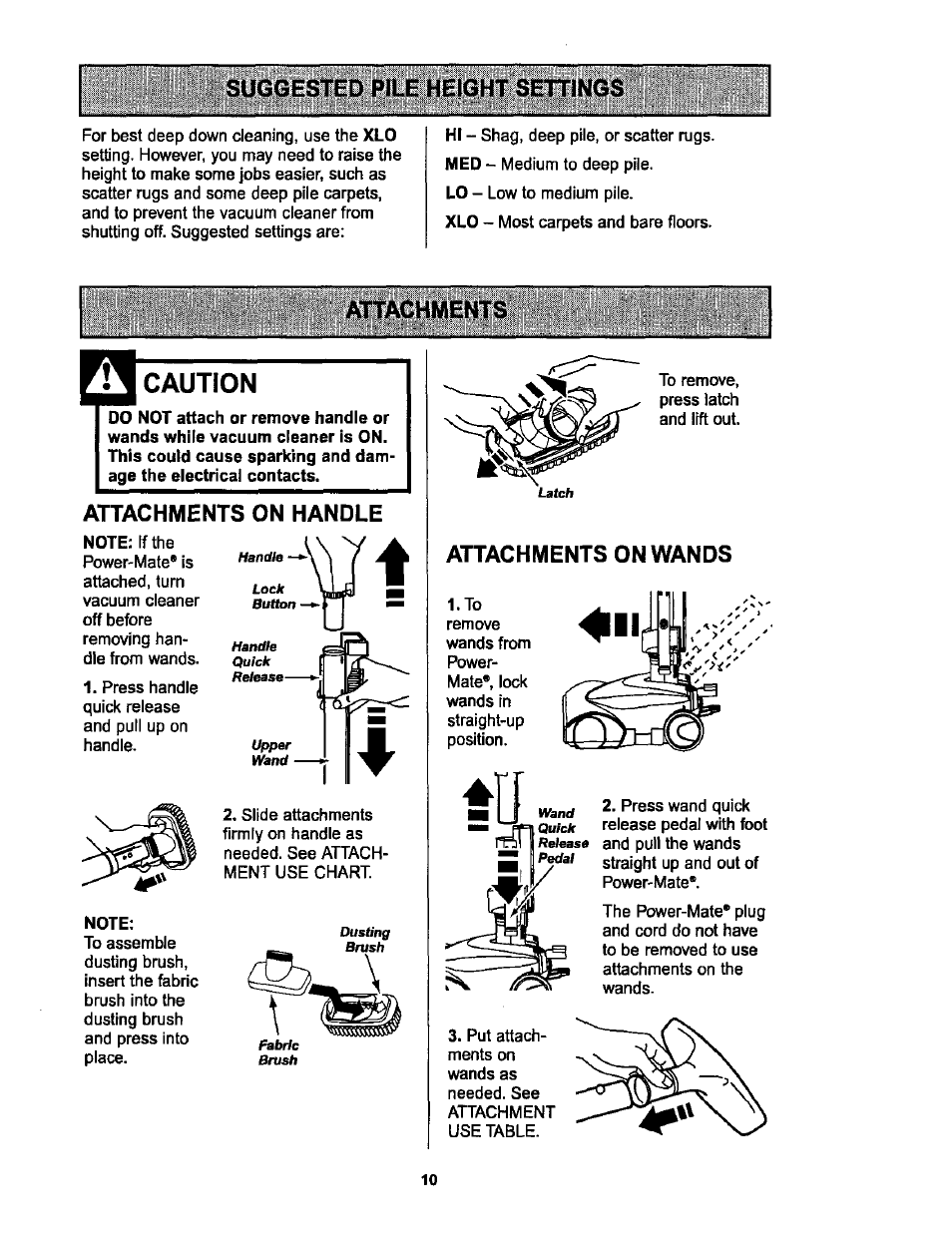 Suggested pile height settings, Attachments, Caution | Attachments on handle, Attachments on wands | Kenmore 116.25513 User Manual | Page 10 / 40