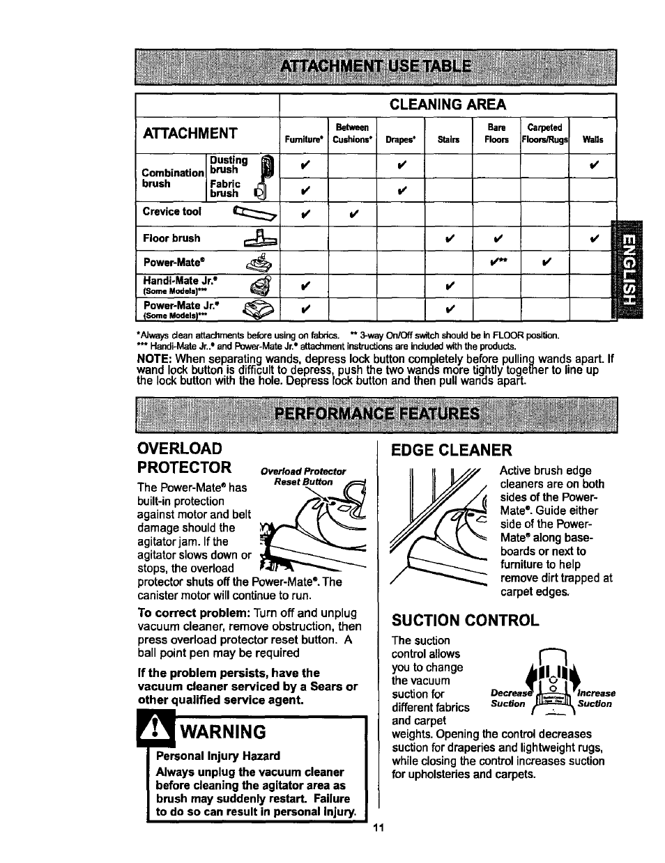 Performance features, Overload protector, Edge cleaner | Suction control, Performance features -12, Attachment use table, Warning, Cleaning area attachment | Kenmore 116.25513 User Manual | Page 11 / 40