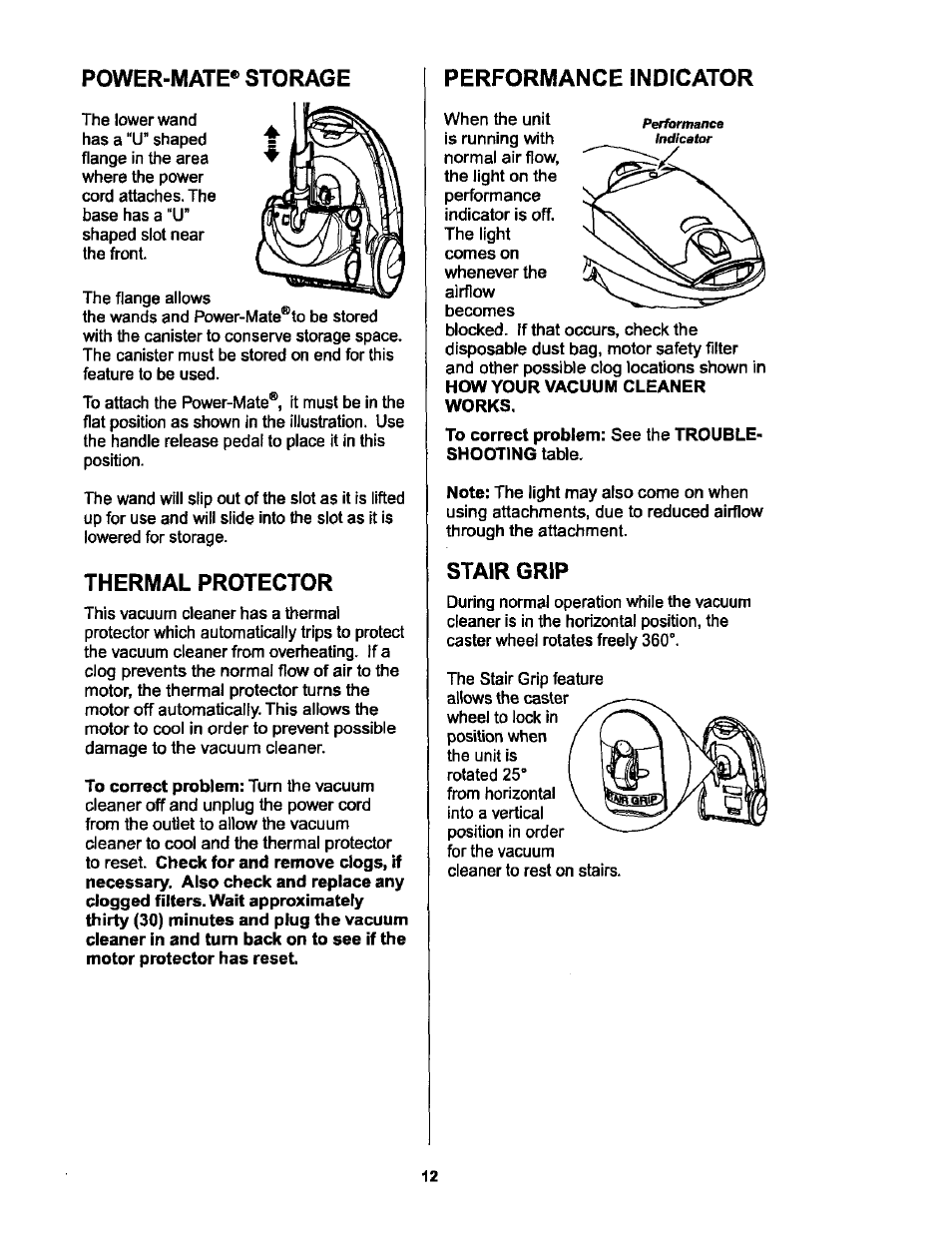 Power-mate® storage, Thermal protector, Performance indicator | Stair grip, Power-mate jr* storage | Kenmore 116.25513 User Manual | Page 12 / 40