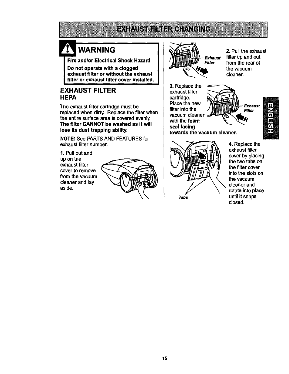 Exhaust filter changing, Warning, Exhaust filter | Hepa | Kenmore 116.25513 User Manual | Page 15 / 40