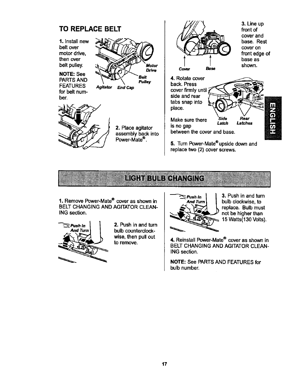 To replace belt | Kenmore 116.25513 User Manual | Page 17 / 40