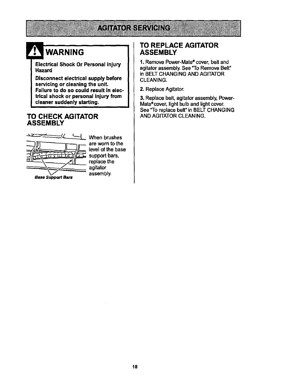 To check agitator assembly, To replace agitator assembly, Warning | Kenmore 116.25513 User Manual | Page 18 / 40