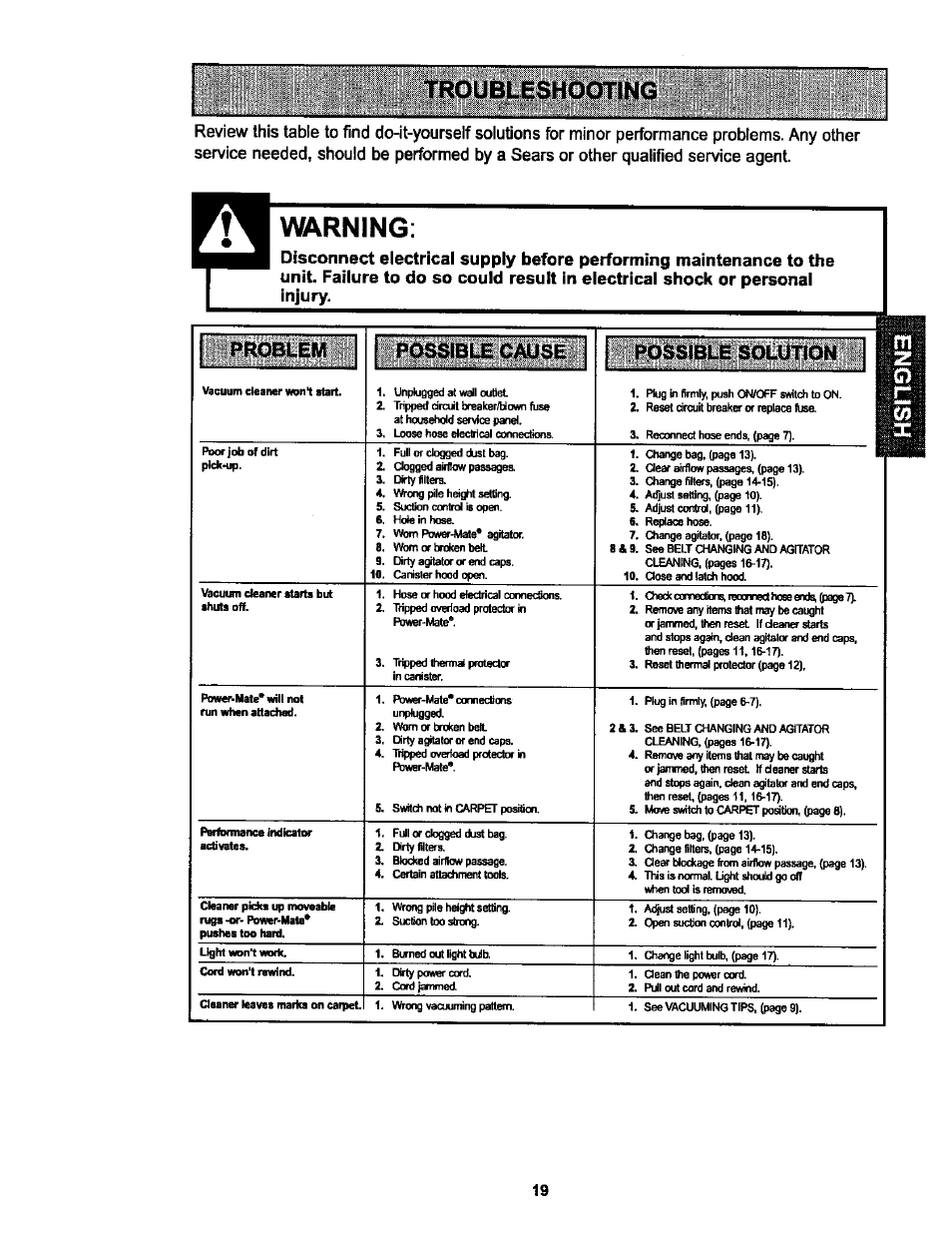 Warning | Kenmore 116.25513 User Manual | Page 19 / 40