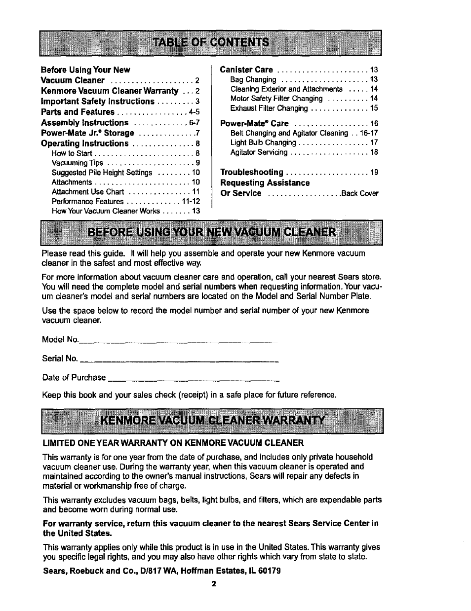 Kenmore vacuum cleaner warranty, Before using your new vacuum cleaner | Kenmore 116.25513 User Manual | Page 2 / 40