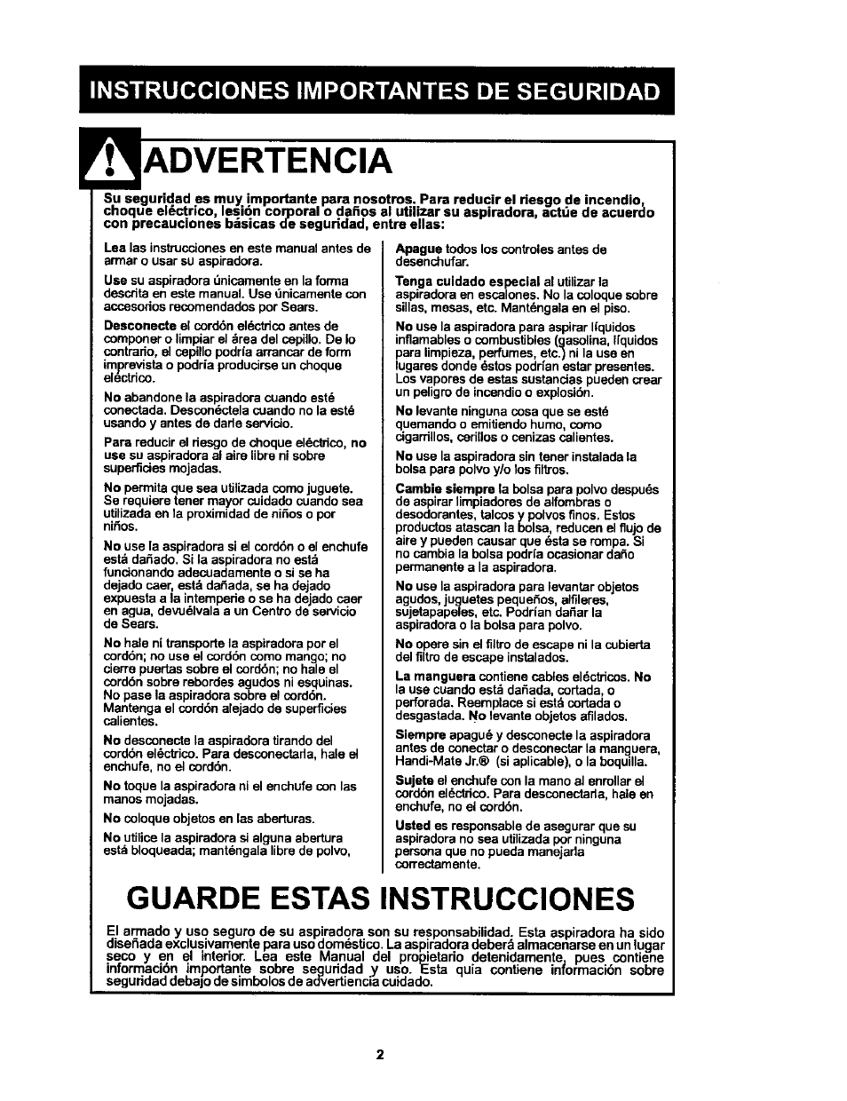 Instrucciones importantes de seguridad, Advertencia, Guarde estas instrucciones | Kenmore 116.25513 User Manual | Page 21 / 40