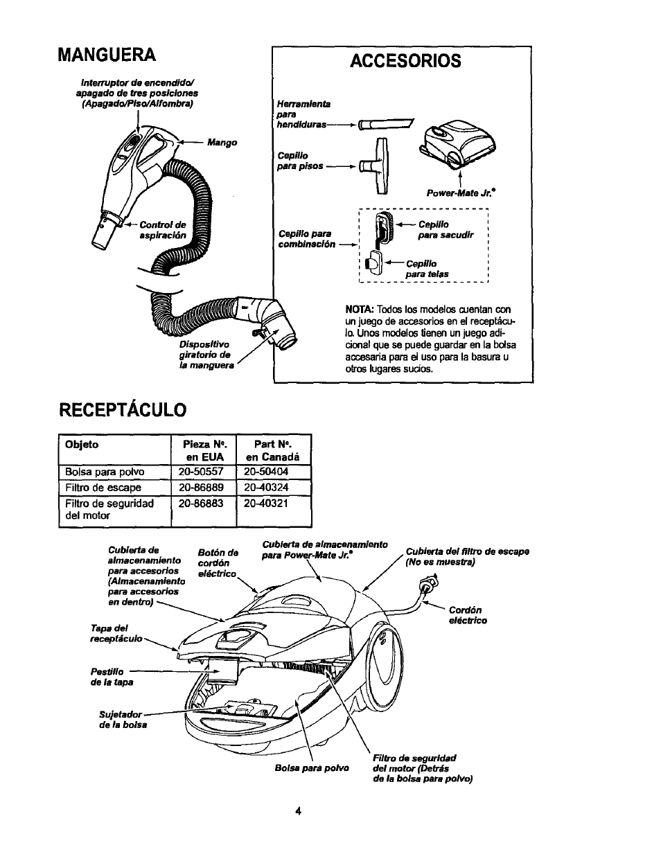 Manguera, Accesorios, Receptáculo | Kenmore 116.25513 User Manual | Page 23 / 40