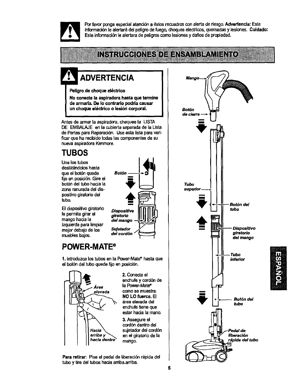 Advertencia, Tubos, Power-mate | Instrucciones de ensamblamiento | Kenmore 116.25513 User Manual | Page 24 / 40