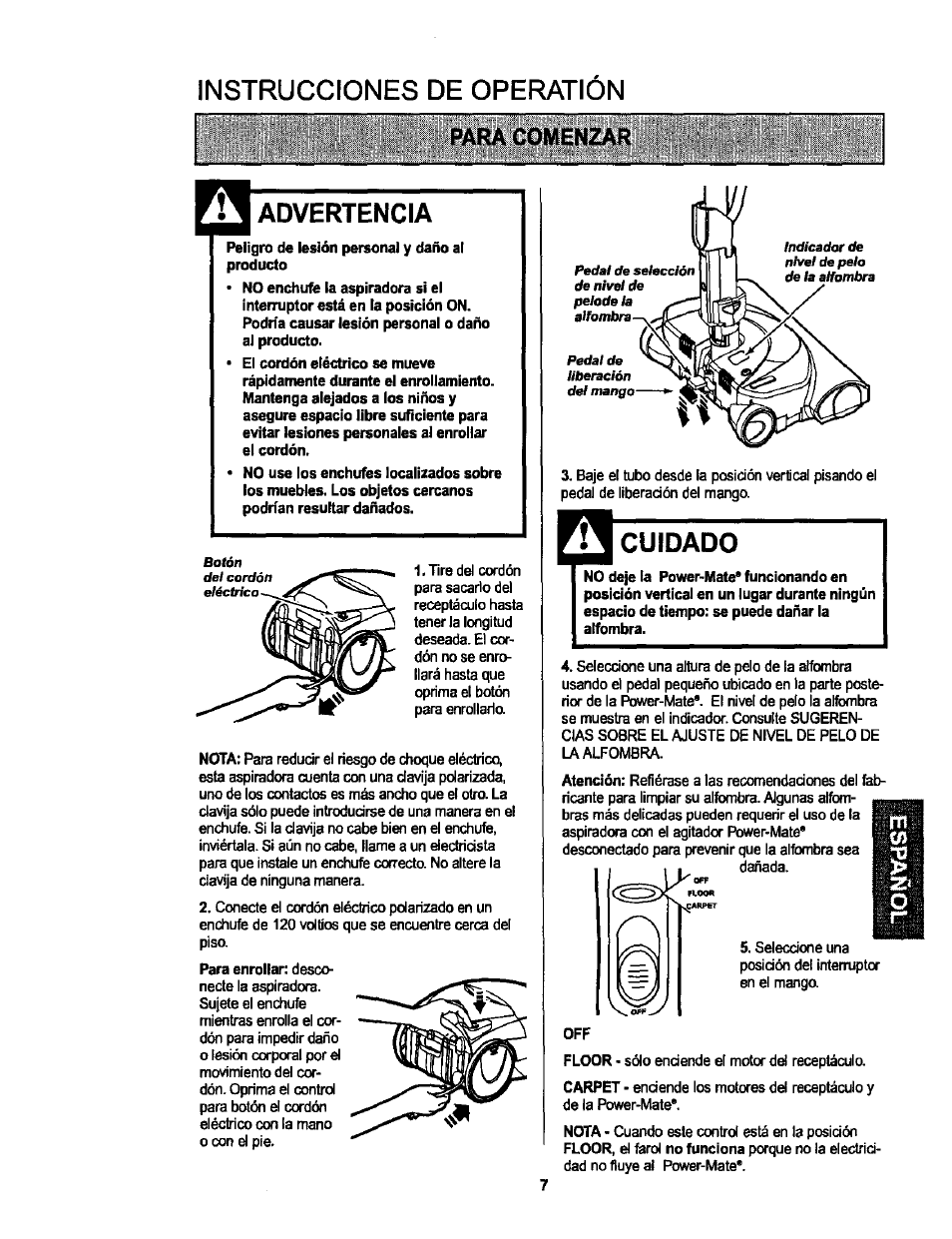 Advertencia, Cuidado, Instrucciones de operation | Kenmore 116.25513 User Manual | Page 26 / 40