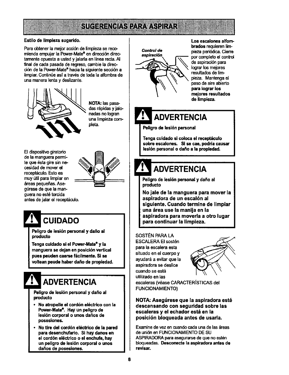 Sugerencias para aspirar, Cuidado, Advertencia | Kenmore 116.25513 User Manual | Page 27 / 40