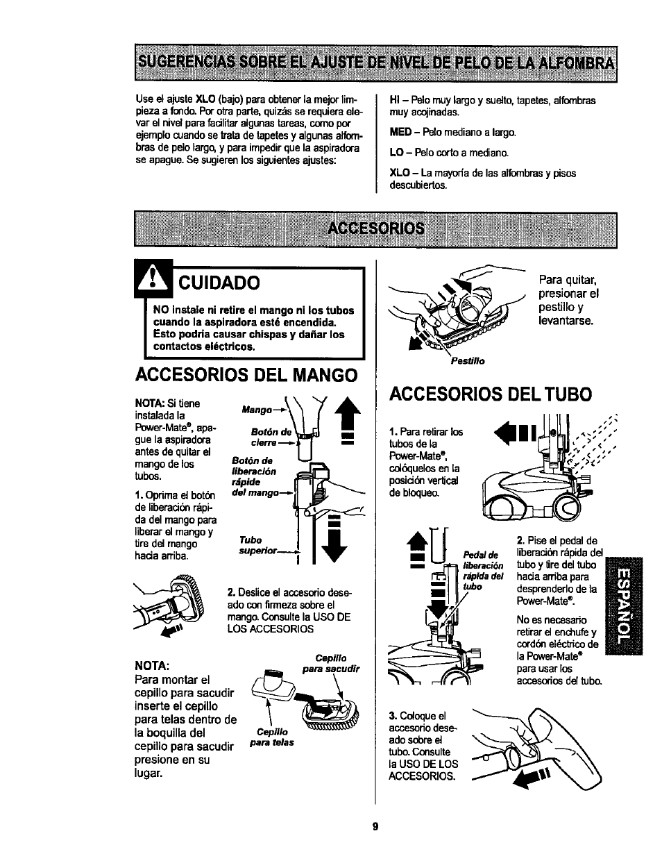 Cuidado, Accesorios del mango, Accesorios del tubo | Kenmore 116.25513 User Manual | Page 28 / 40