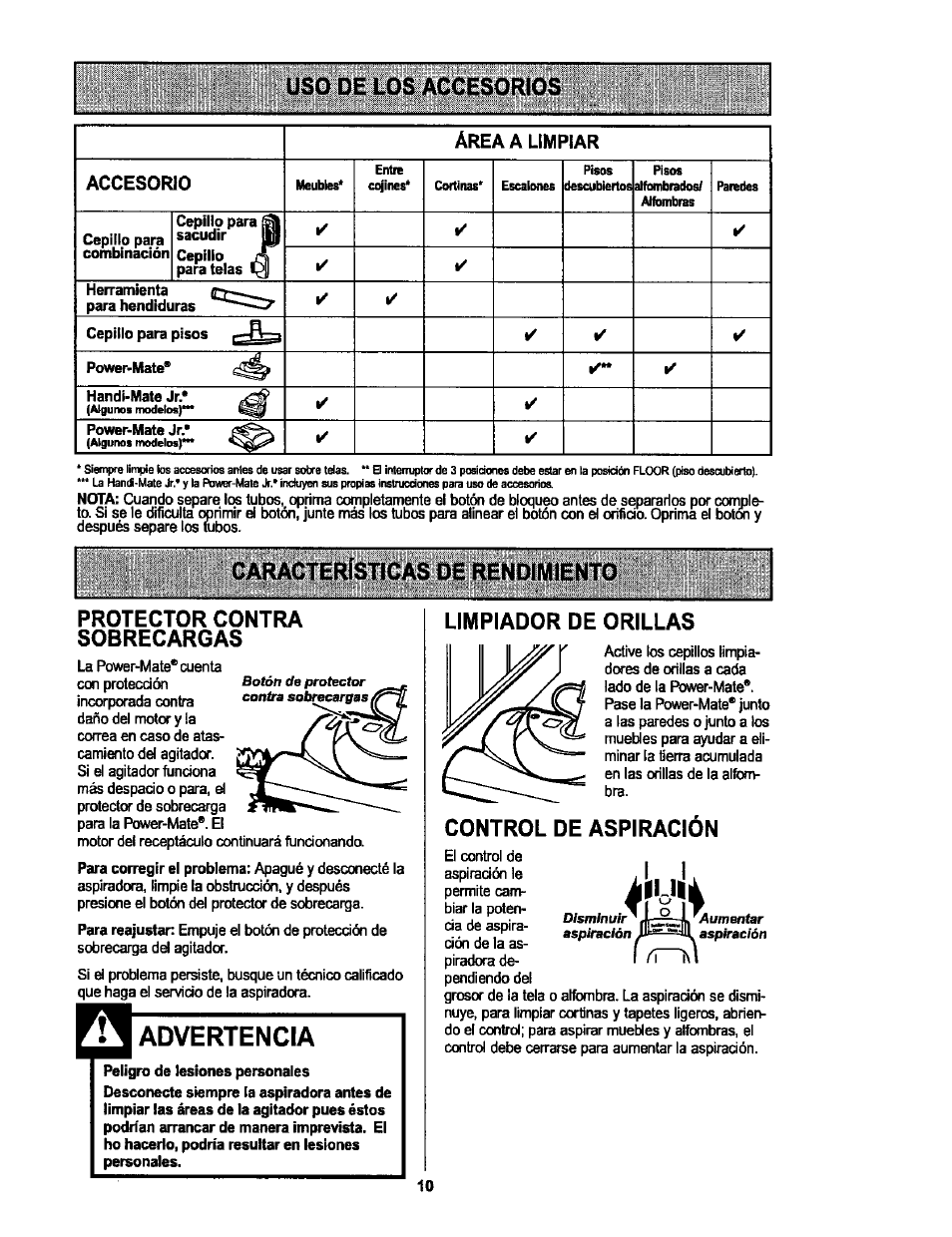 Protector contra sobrecargas, Limpiador de orillas, Control de aspiración | Advertencia, Uso de los accesorios, Características de rendimiento | Kenmore 116.25513 User Manual | Page 29 / 40