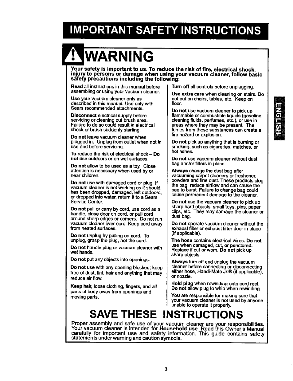 Warning, Important safety instructions, Save these instructions | Kenmore 116.25513 User Manual | Page 3 / 40