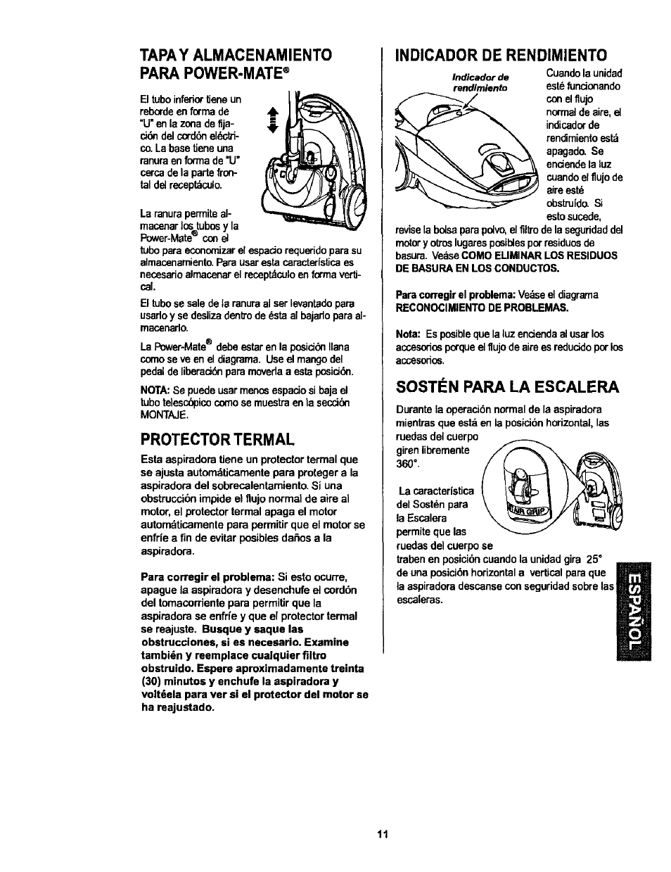 Тара y almacenamiento para power-mate, Protector termal, Indicador de rendimiento | Sostén para la escalera | Kenmore 116.25513 User Manual | Page 30 / 40