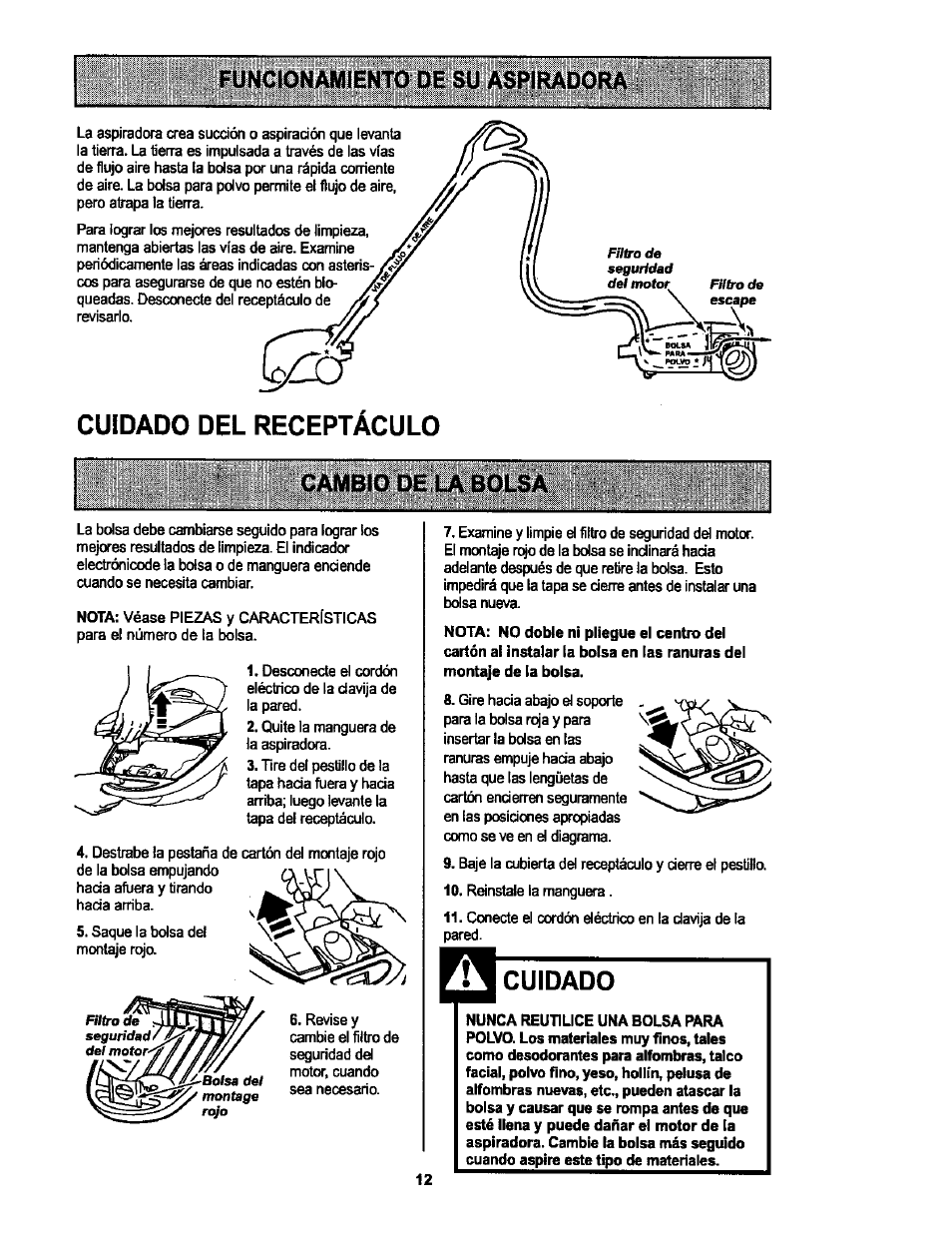 Funcionamiento de su aspiradora, Cuidado del receptáculo, Cuidado | Kenmore 116.25513 User Manual | Page 31 / 40