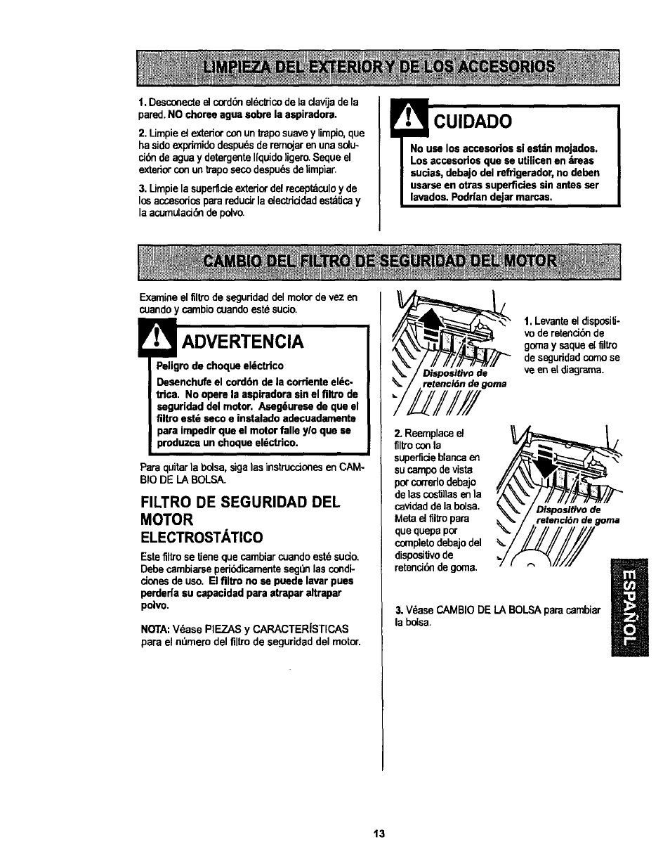 Limpieza del exteriory de los accesorios, Cuidado, Cambio del filtro de seguridad del motor | Advertencia | Kenmore 116.25513 User Manual | Page 32 / 40