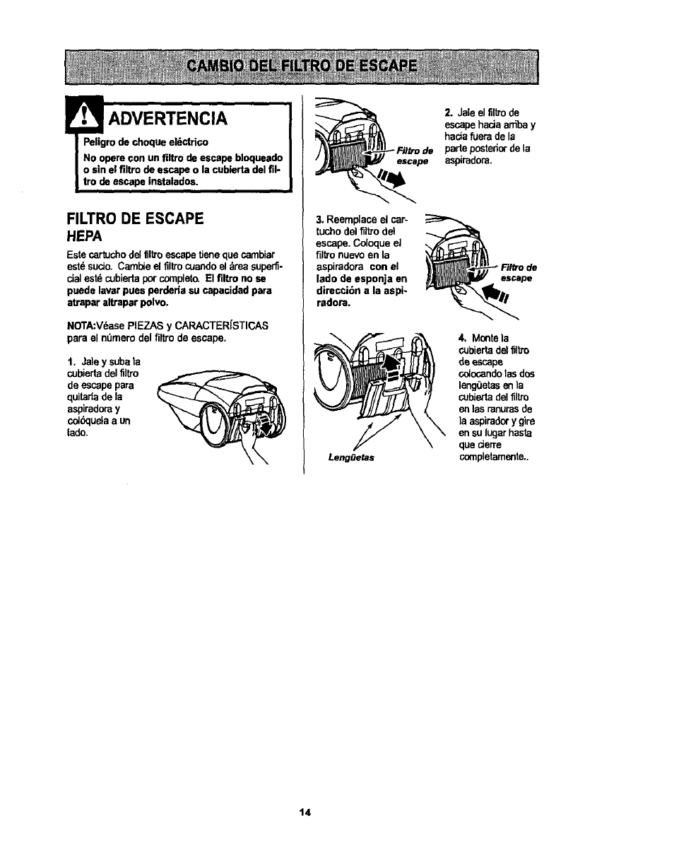 Cambio del hltro de escape, Advertencia, Filtro de escape hepa | Kenmore 116.25513 User Manual | Page 33 / 40