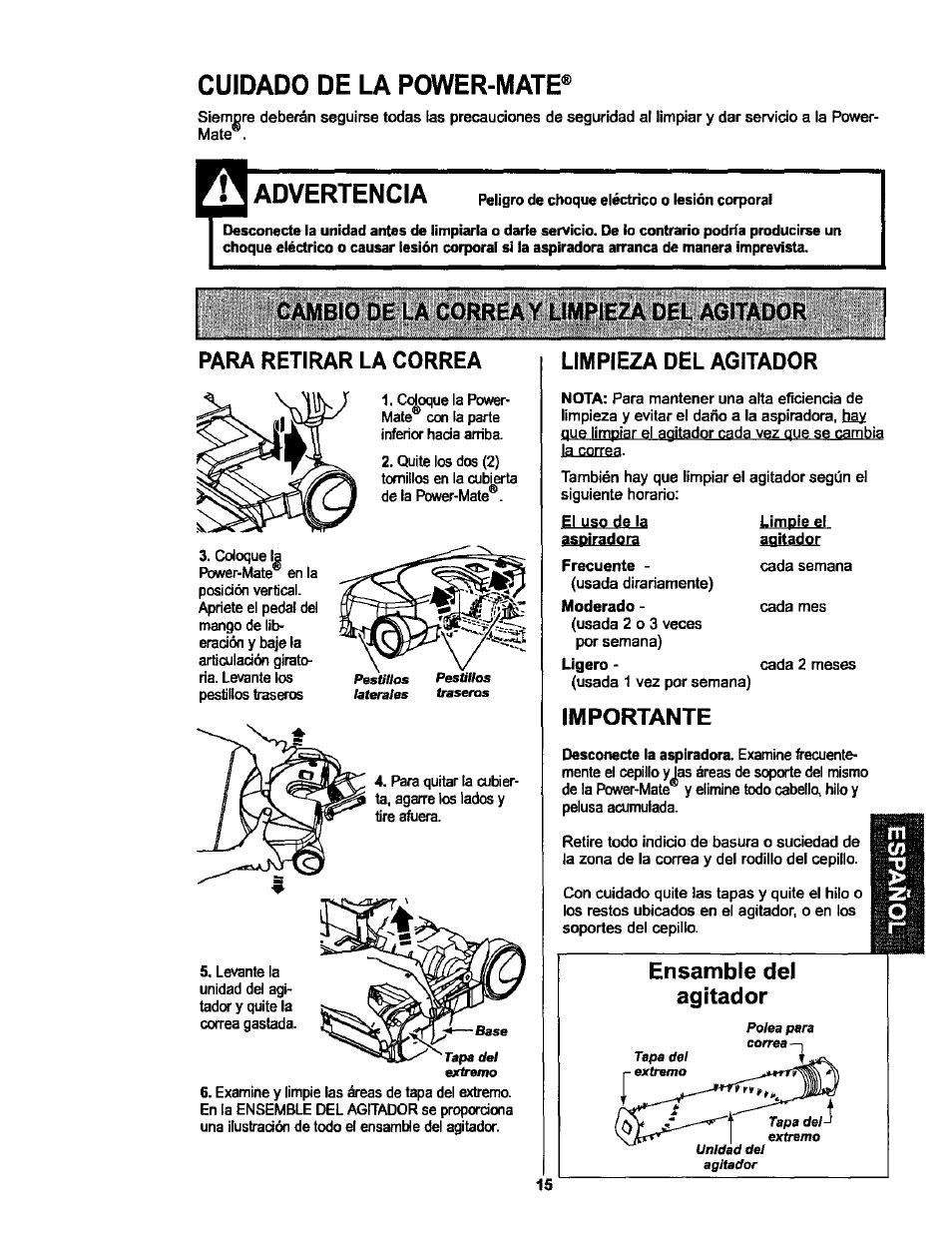 Cuidado de la power-mate, Para retirar la correa, Limpieza del agitador | Importante, Ensamble del agitador, Advertencia | Kenmore 116.25513 User Manual | Page 34 / 40