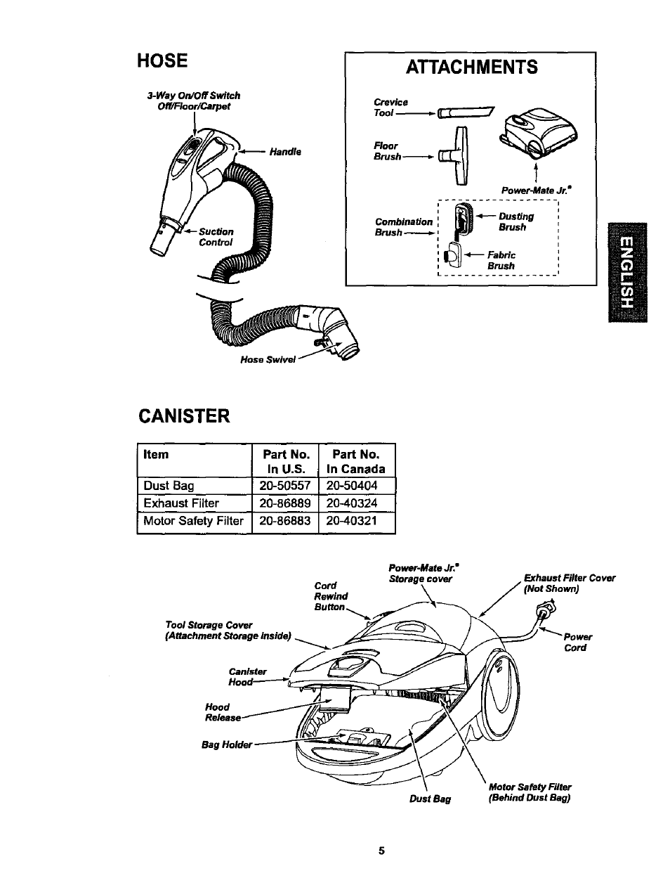 Hose, Attachments, Canister | Kenmore 116.25513 User Manual | Page 5 / 40